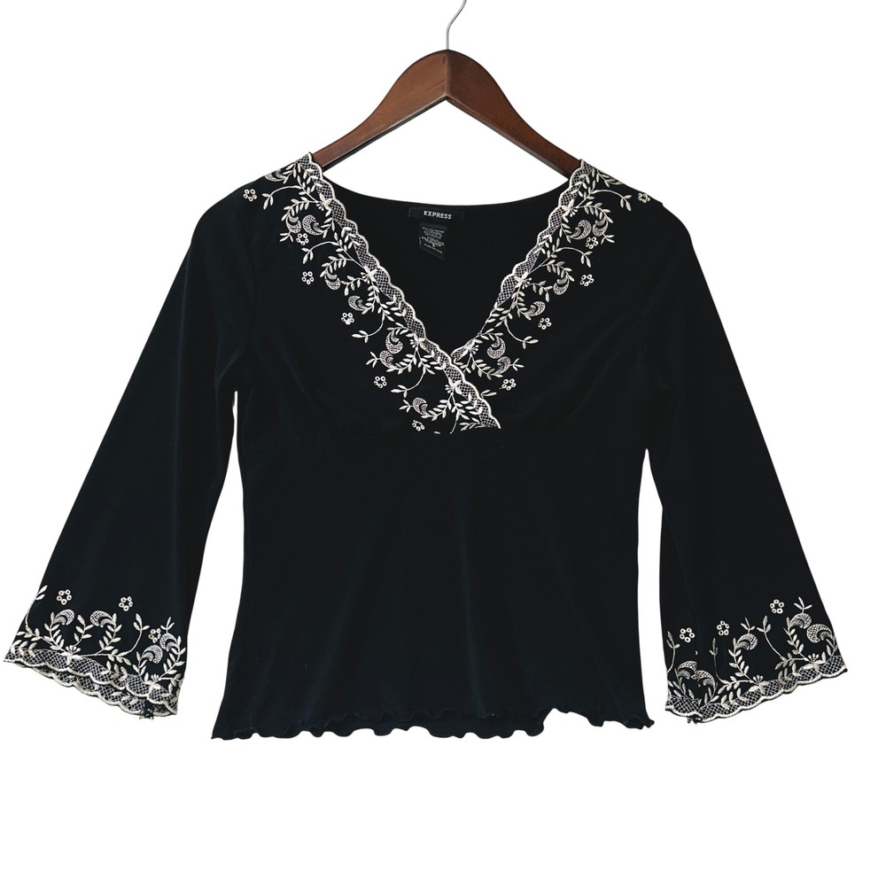 Express‎ Vintage Babydoll Top Black Embroidered Boho Fairy Gothic Witchy Size S